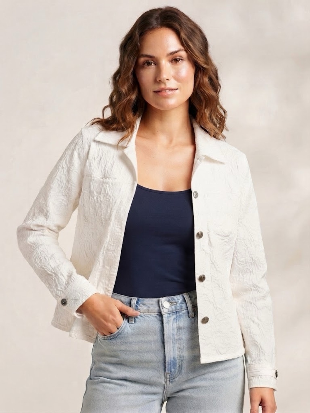 Vintage GW Jeans Co. White Floral Textured Button-Front Jacket